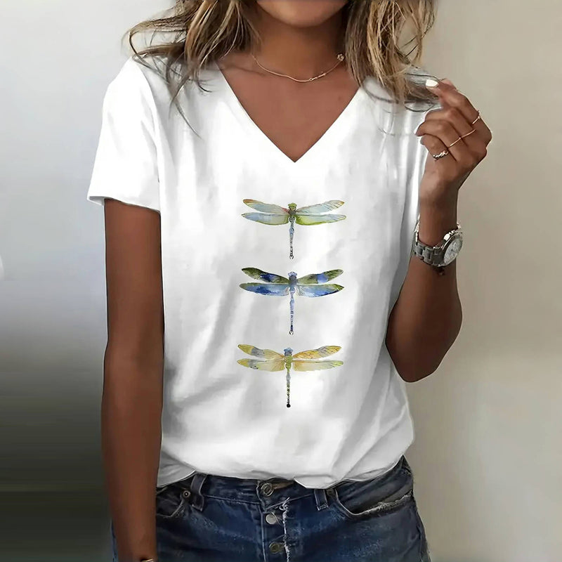 Damski T‑Shirt z Motywem Ważek i Dekoltem V