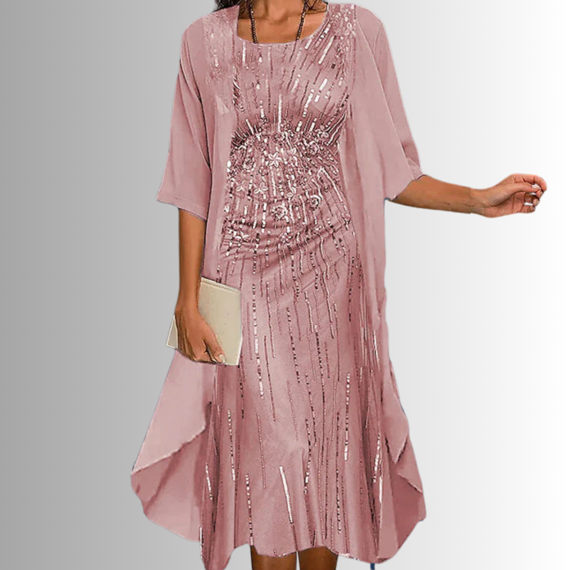 Damska Sukienka Midi z Warstwową Narzutką i Wzorem na Całej Powierzchni