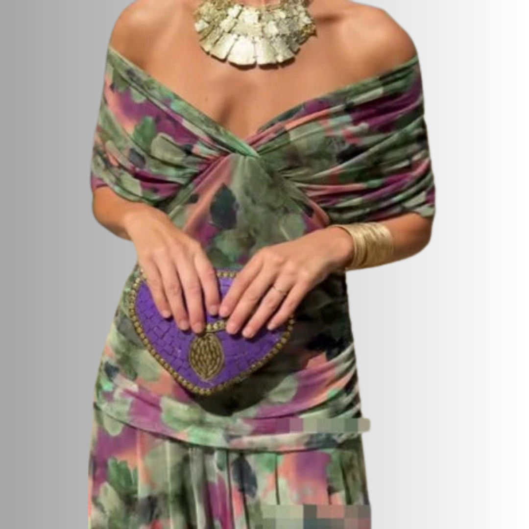 Damska Sukienka Maxi z Drapowanym Dekoltem V i Warstwowym Ramieniem