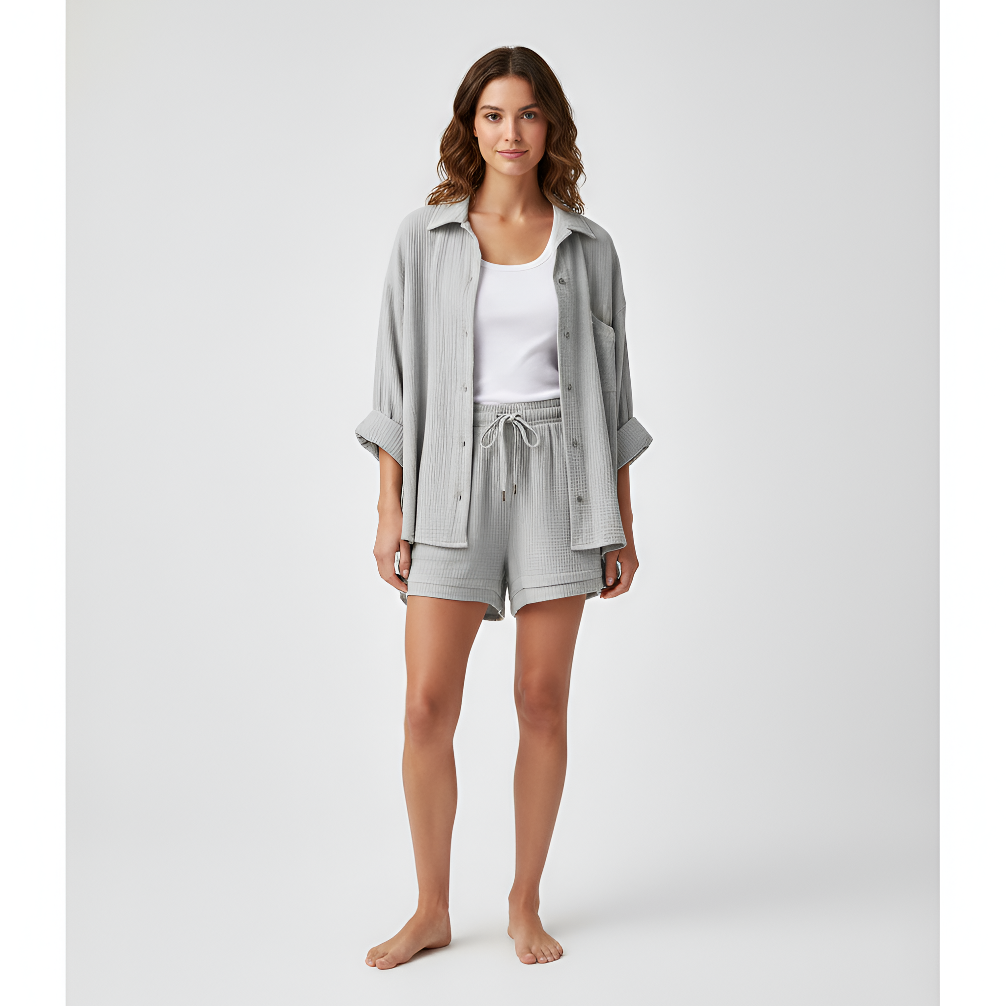 Damski Komplet z Lekkiej Bawełny: Koszula i Szorty z Elastyczną Talią