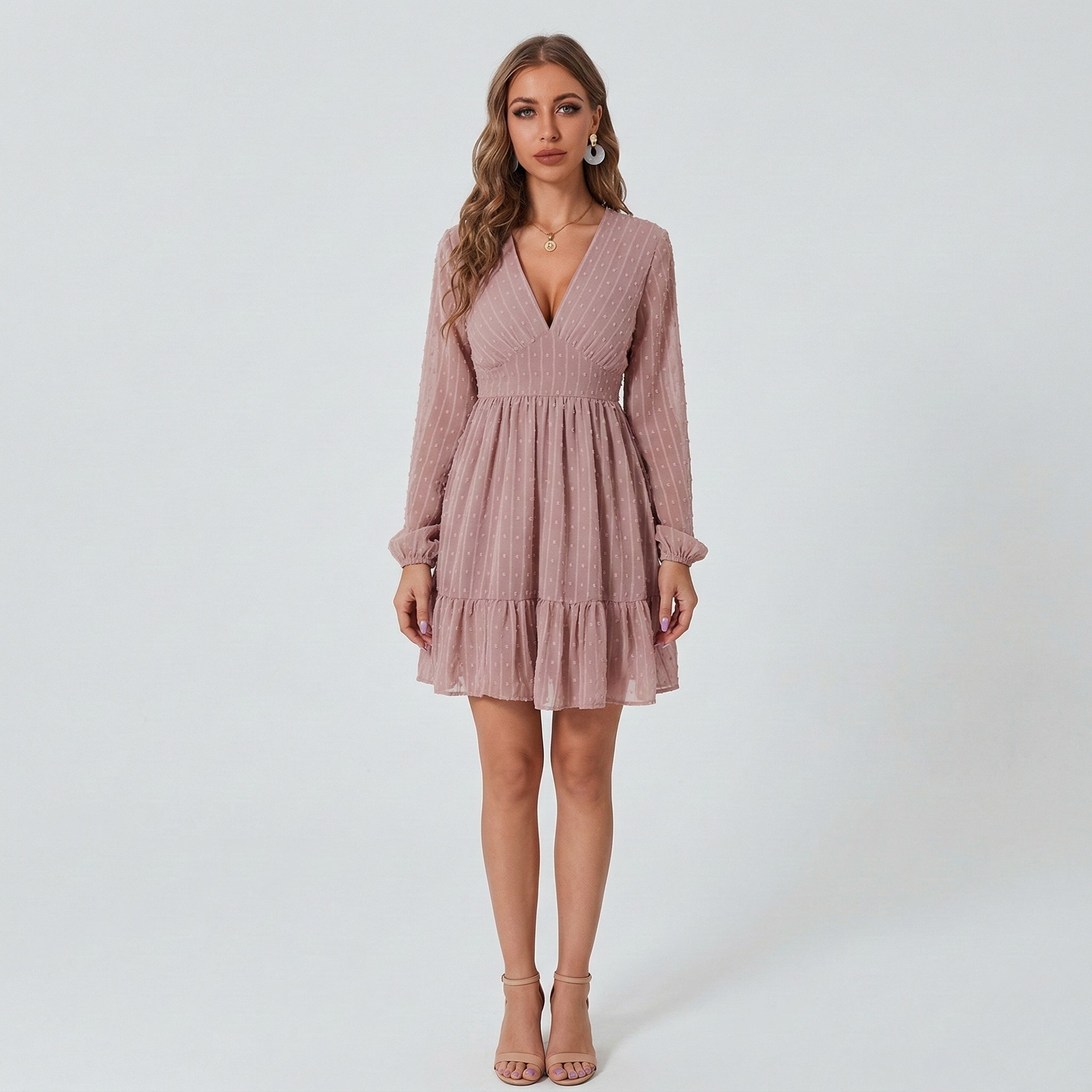 Krótka Sukienka Chiffon ze Skośnym Dekoltem V i Falbanami