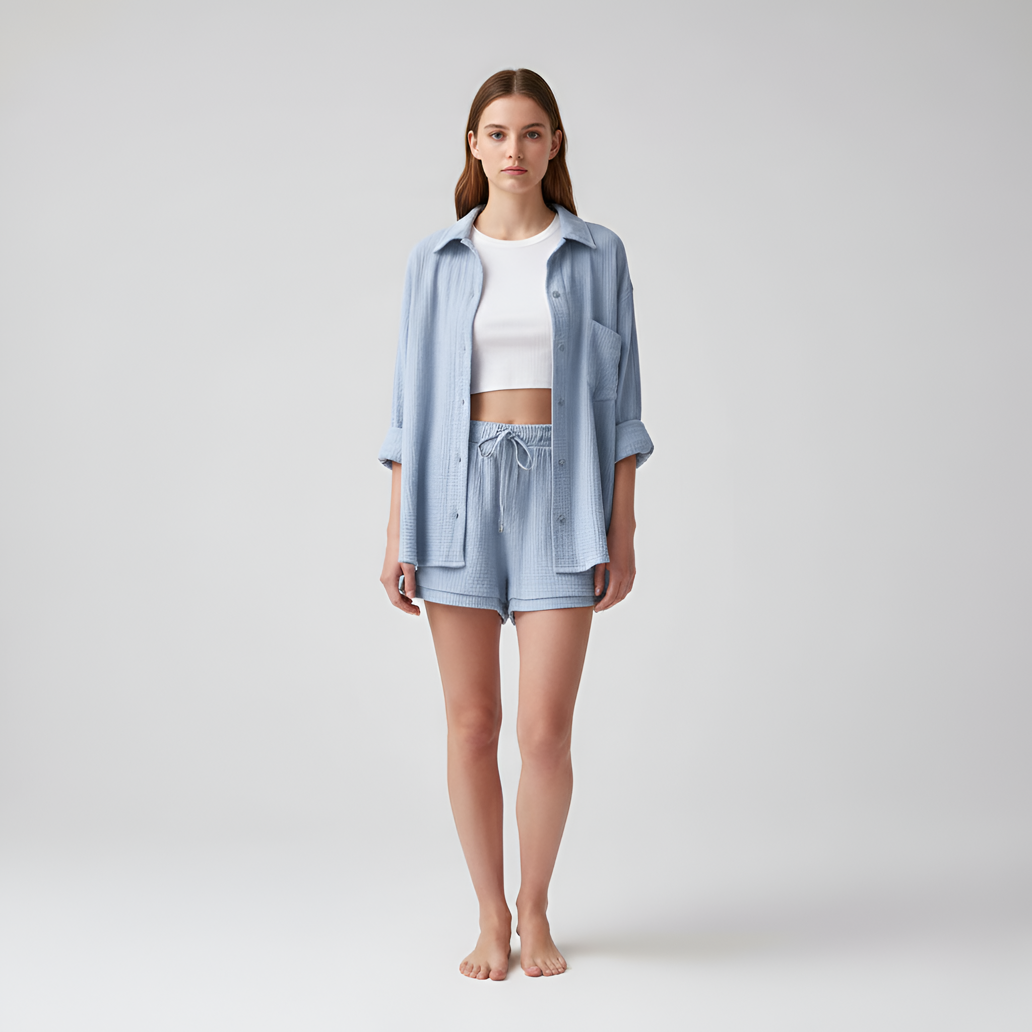 Damski Komplet z Lekkiej Bawełny: Koszula i Szorty z Elastyczną Talią