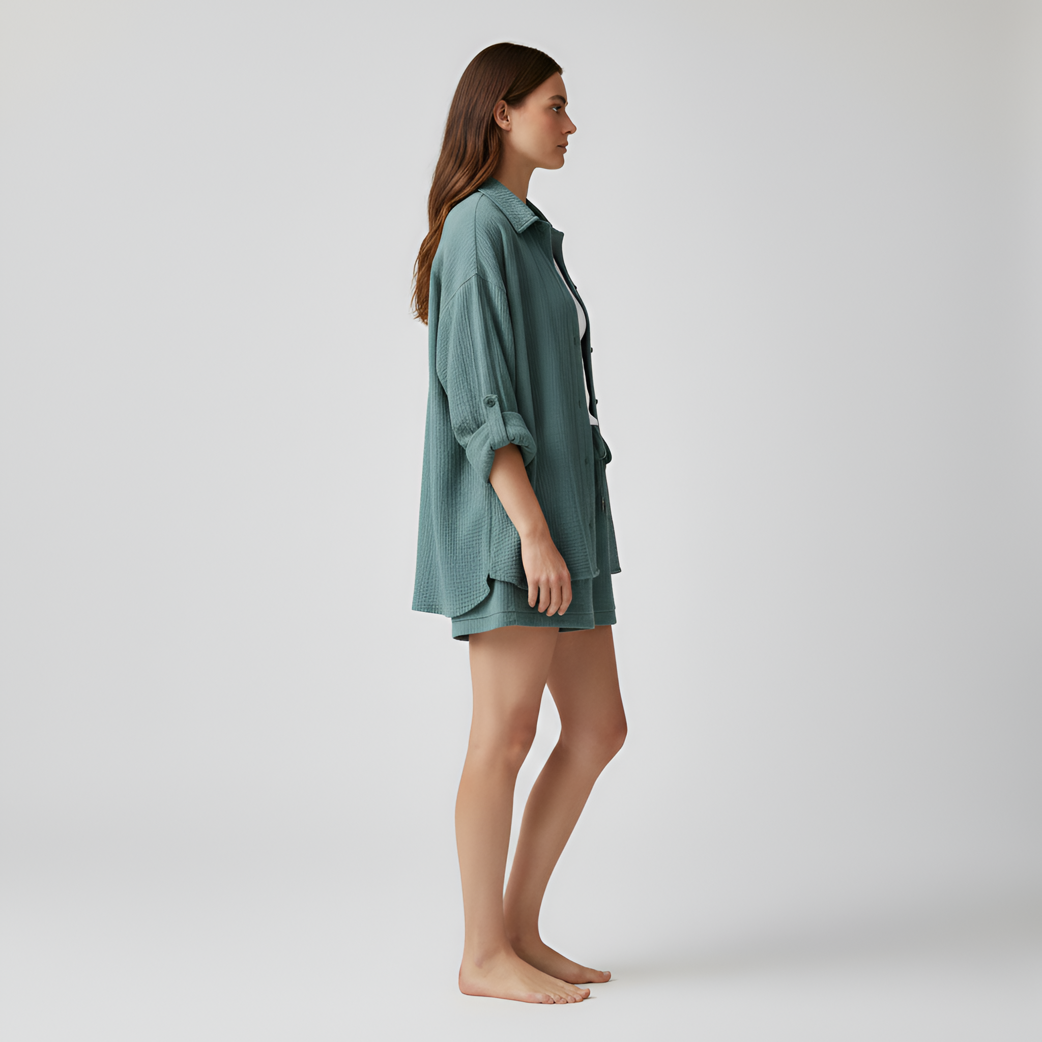 Damski Komplet z Lekkiej Bawełny: Koszula i Szorty z Elastyczną Talią