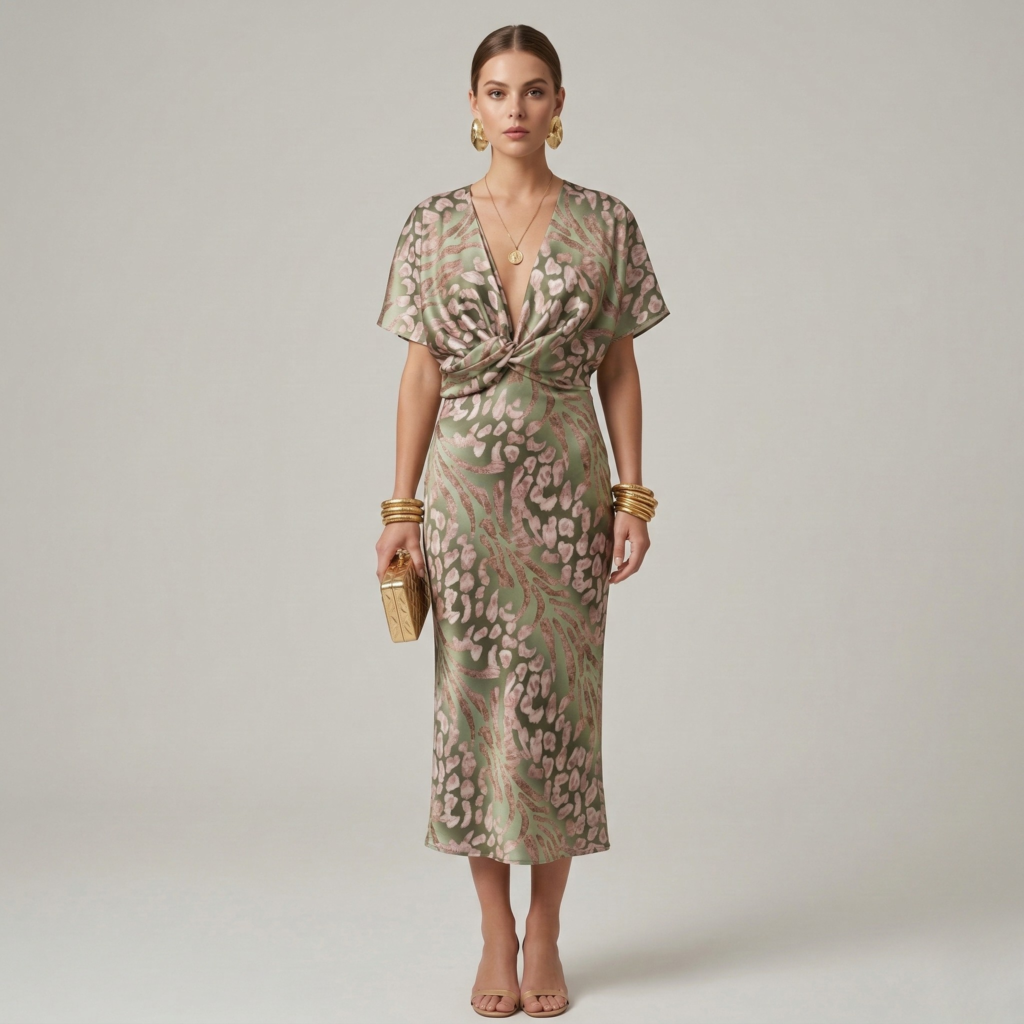 Długa Sukienka z Abstrakcyjnym Nadrukiem, Dekoltem V i Wiązaniem Frontowym