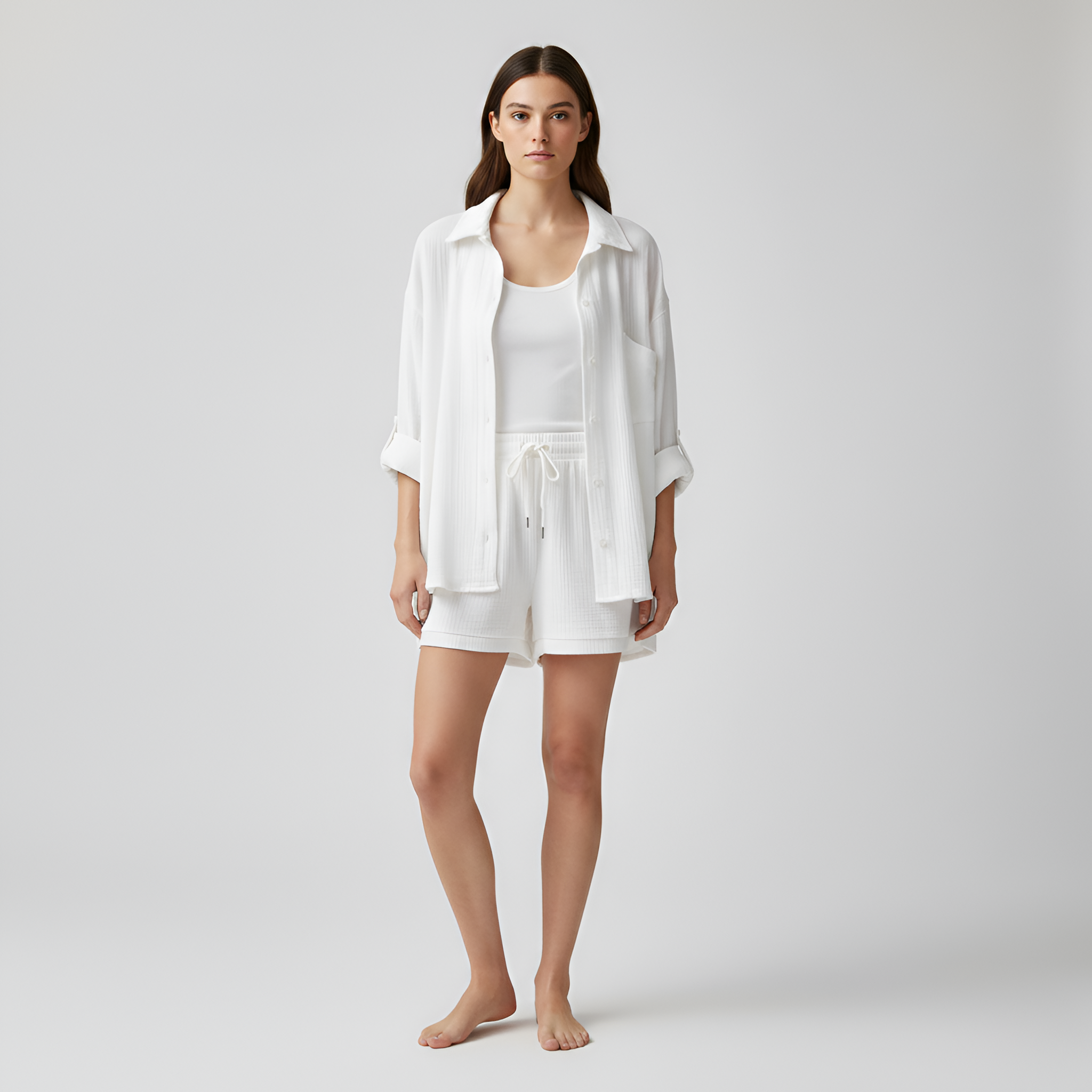 Damski Komplet z Lekkiej Bawełny: Koszula i Szorty z Elastyczną Talią