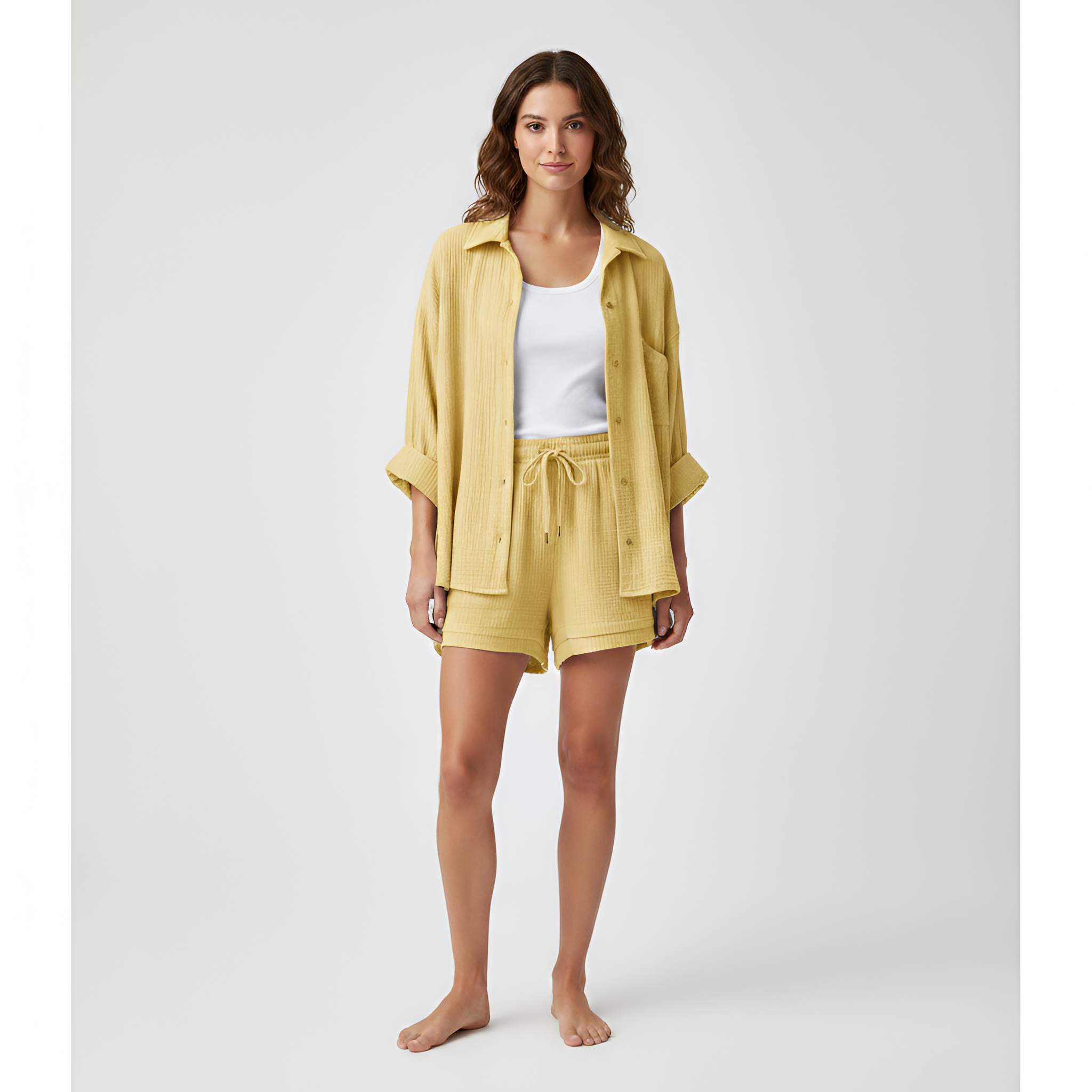 Damski Komplet z Lekkiej Bawełny: Koszula i Szorty z Elastyczną Talią