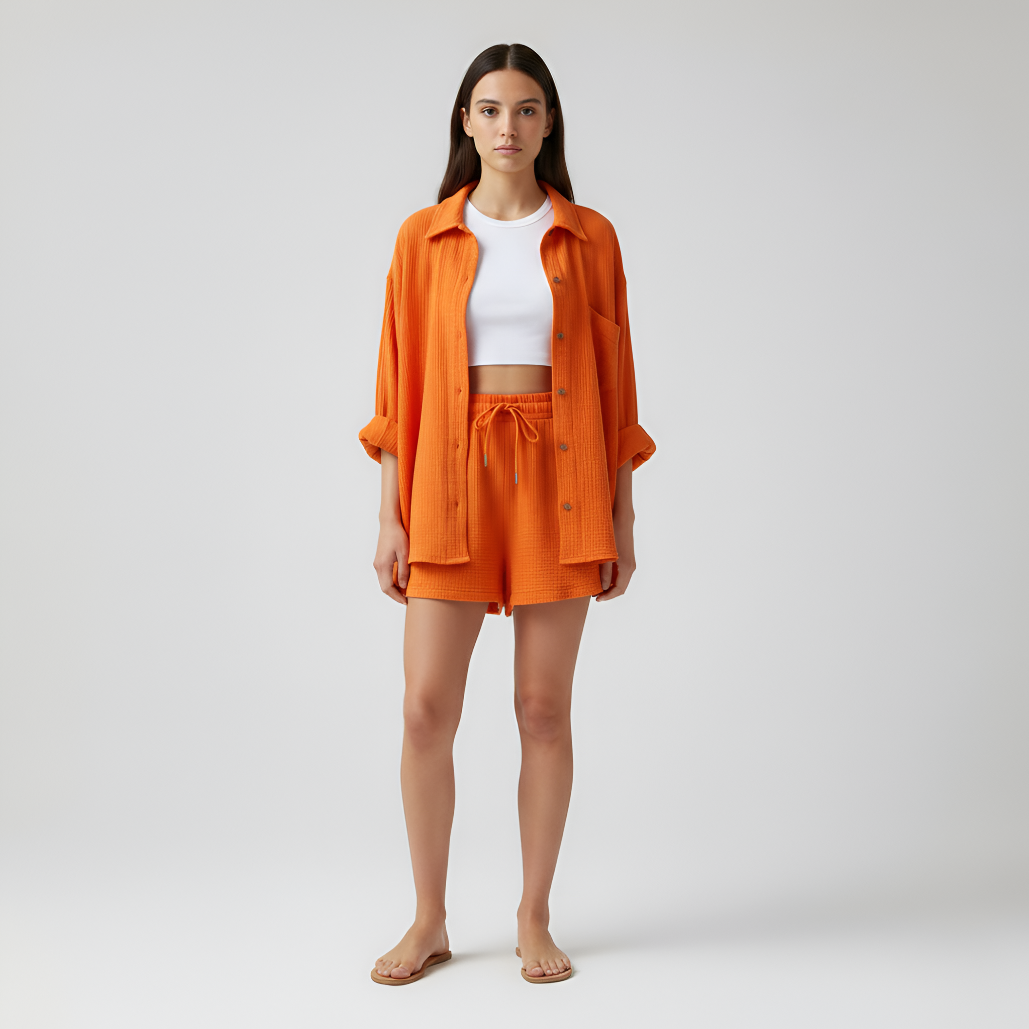 Damski Komplet z Lekkiej Bawełny: Koszula i Szorty z Elastyczną Talią