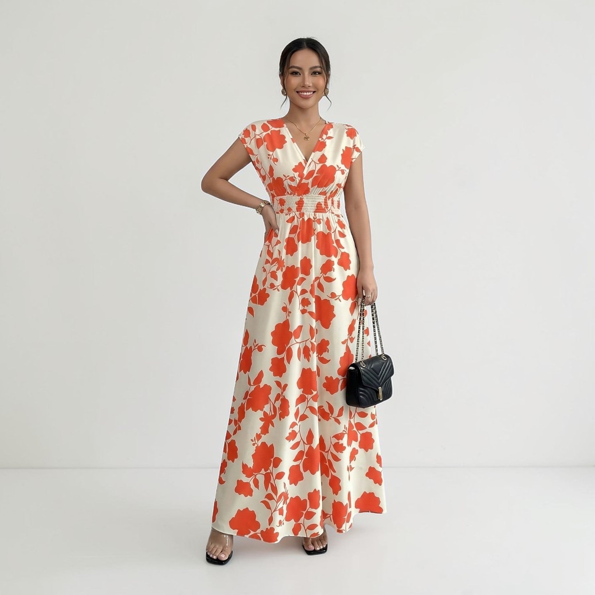 Długa Sukienka Maxi z Kwiatowym Wzorem i Dekoltem V