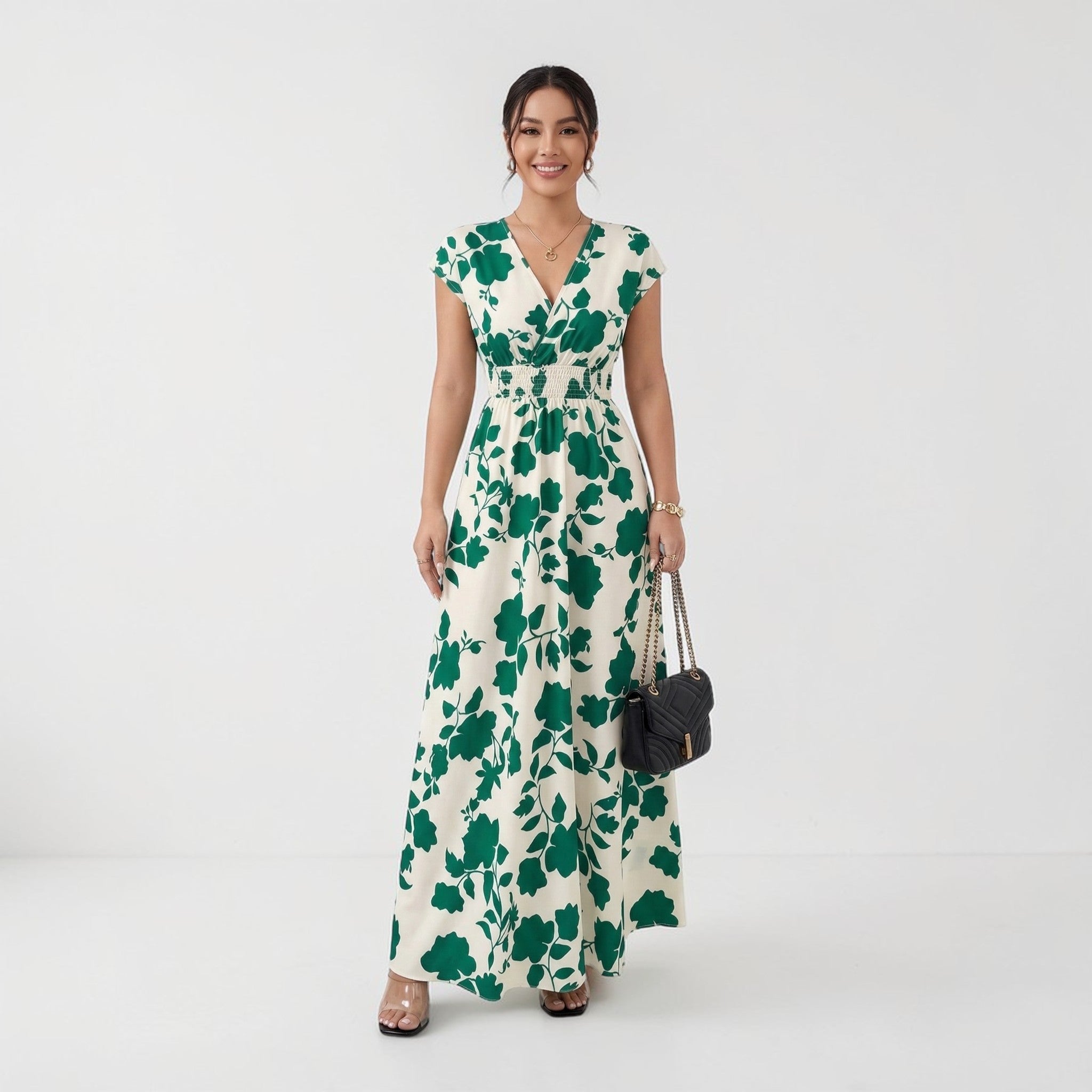 Długa Sukienka Maxi z Kwiatowym Wzorem i Dekoltem V