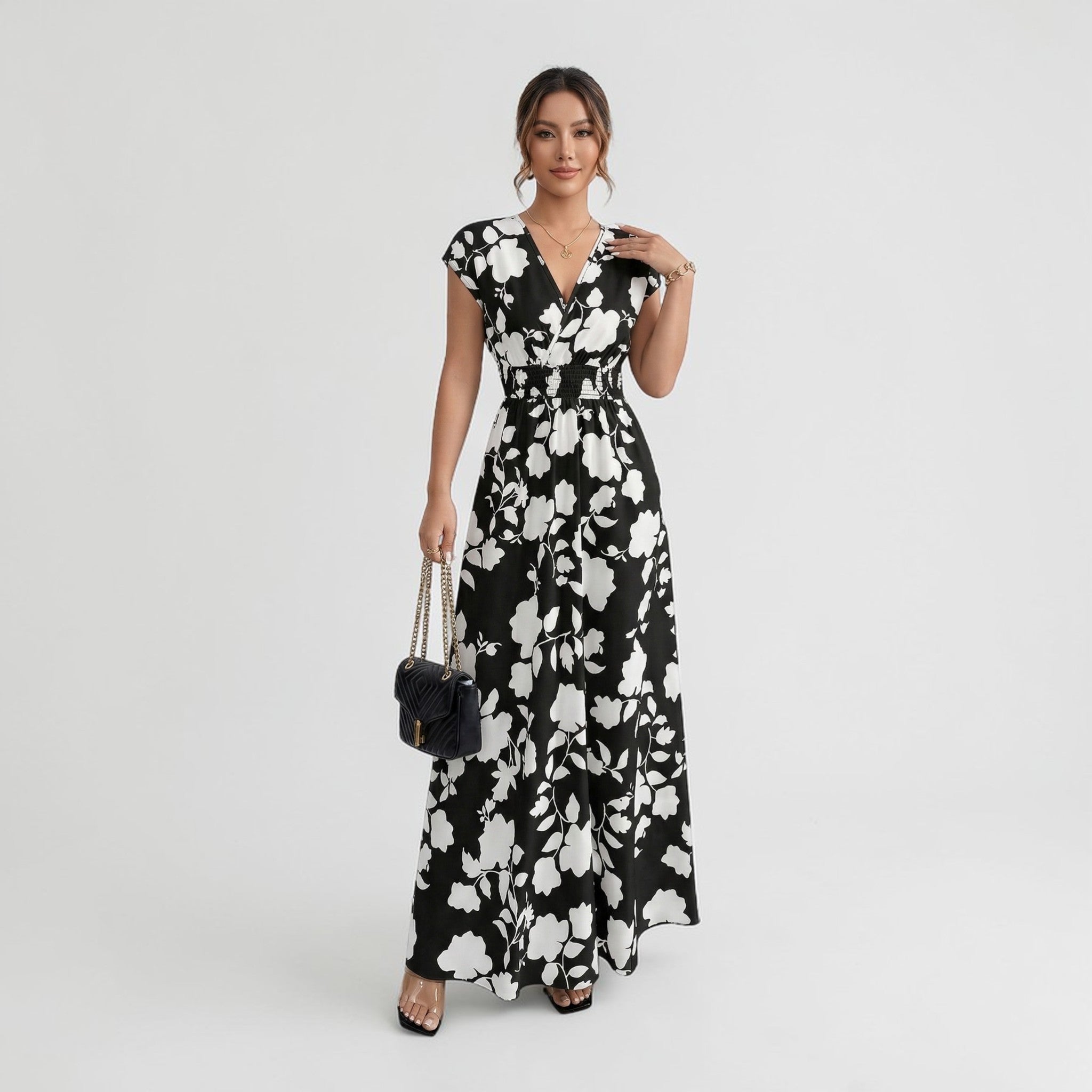 Długa Sukienka Maxi z Kwiatowym Wzorem i Dekoltem V