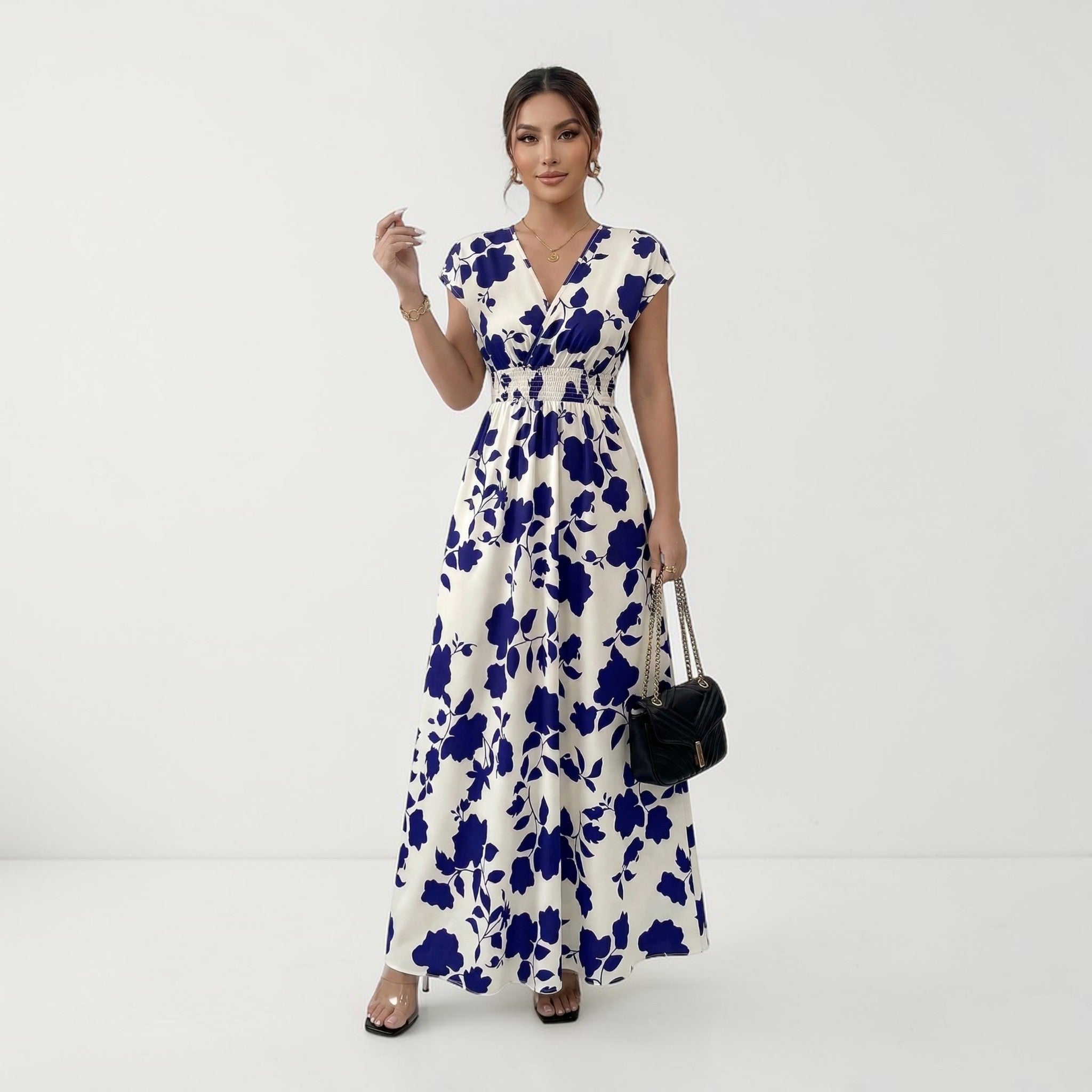 Długa Sukienka Maxi z Kwiatowym Wzorem i Dekoltem V