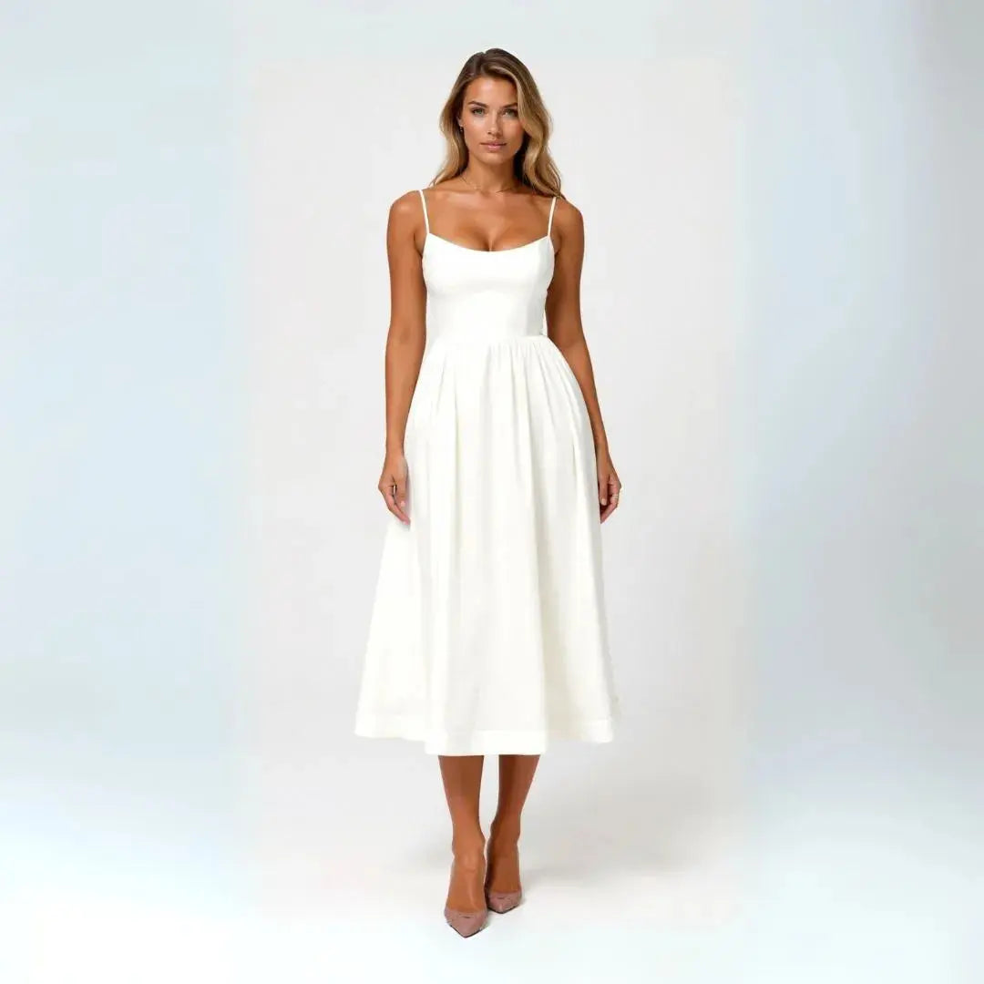 Sukienka Midi na Cienkich Ramiączkach z Rozkloszowaną Sylwetką