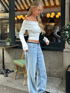 Damski Top Dzianinowy Off‑Shoulder z Miękką Linią Drapowania