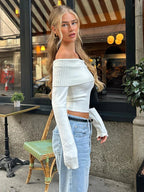Damski Top Dzianinowy Off‑Shoulder z Miękką Linią Drapowania