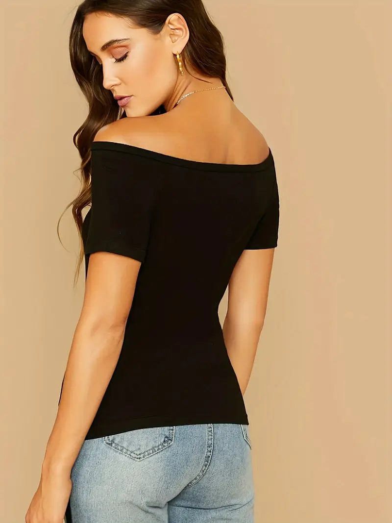Damski Top Off‑Shoulder z Dopasowaną Linią i V‑Dekoltem