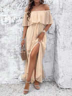 Damska Sukienka Maxi Off‑Shoulder z Frędzlami i Płynną Linią A‑Line