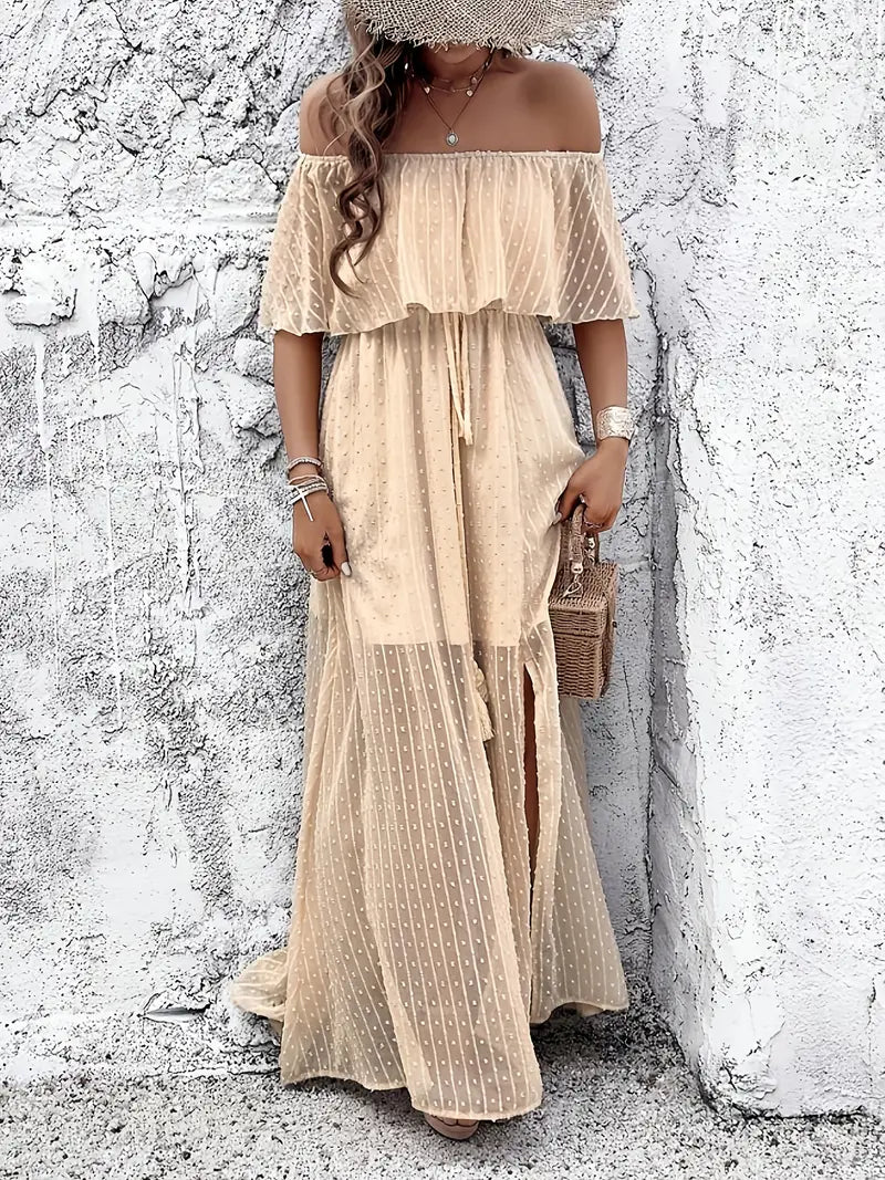 Damska Sukienka Maxi Off‑Shoulder z Frędzlami i Płynną Linią A‑Line