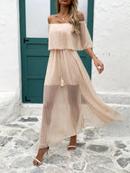 Damska Sukienka Maxi Off‑Shoulder z Frędzlami i Płynną Linią A‑Line