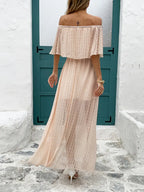 Damska Sukienka Maxi Off‑Shoulder z Frędzlami i Płynną Linią A‑Line