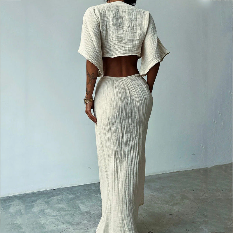 Damska Sukienka Maxi z Wiązaniem z Przodu, Wycięciem i Dopasowaną Górą