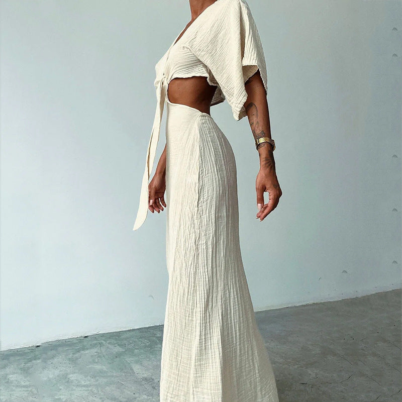 Damska Sukienka Maxi z Wiązaniem z Przodu, Wycięciem i Dopasowaną Górą