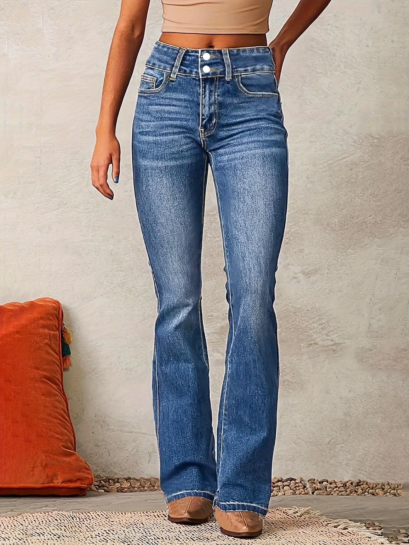 Damskie Jeansy Straight Flare z Wysokim Stanem