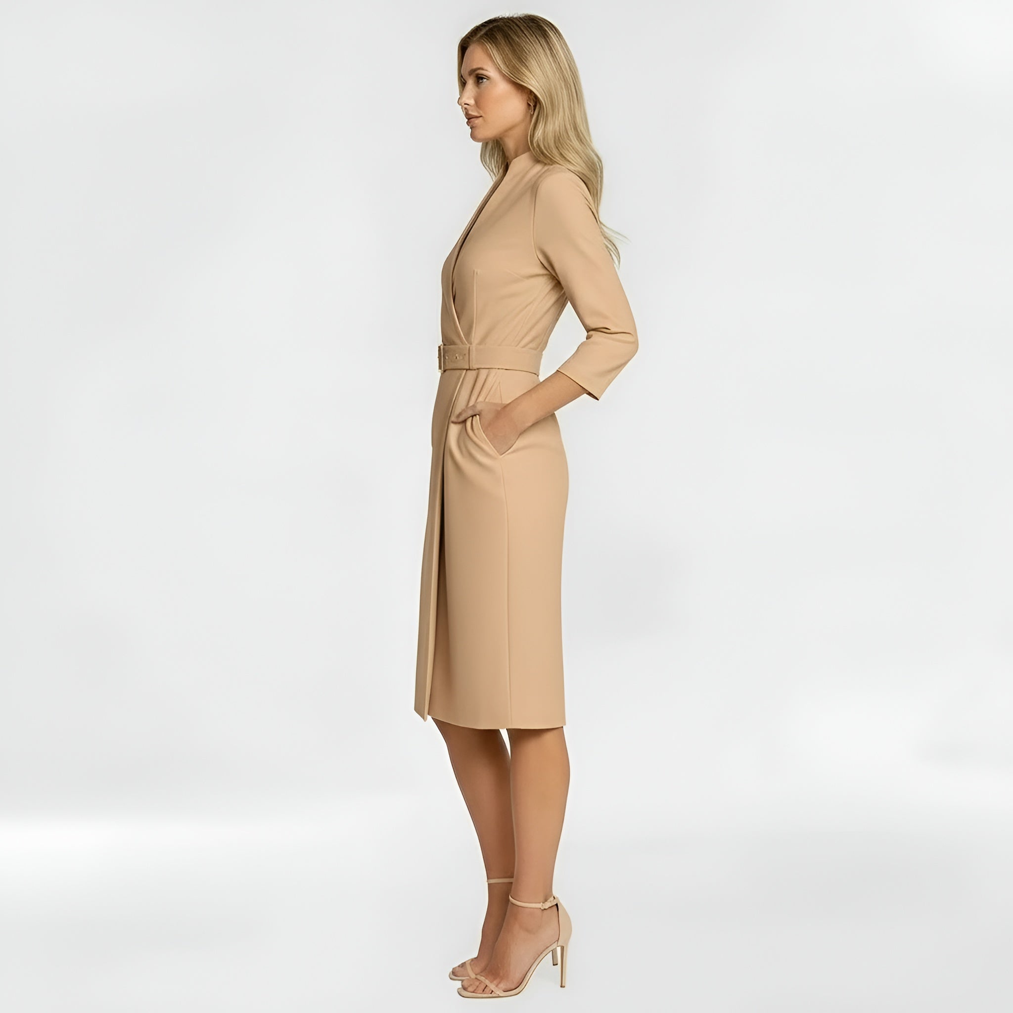 Elegancka Sukienka Midi z Paskiem i Długimi Rękawami