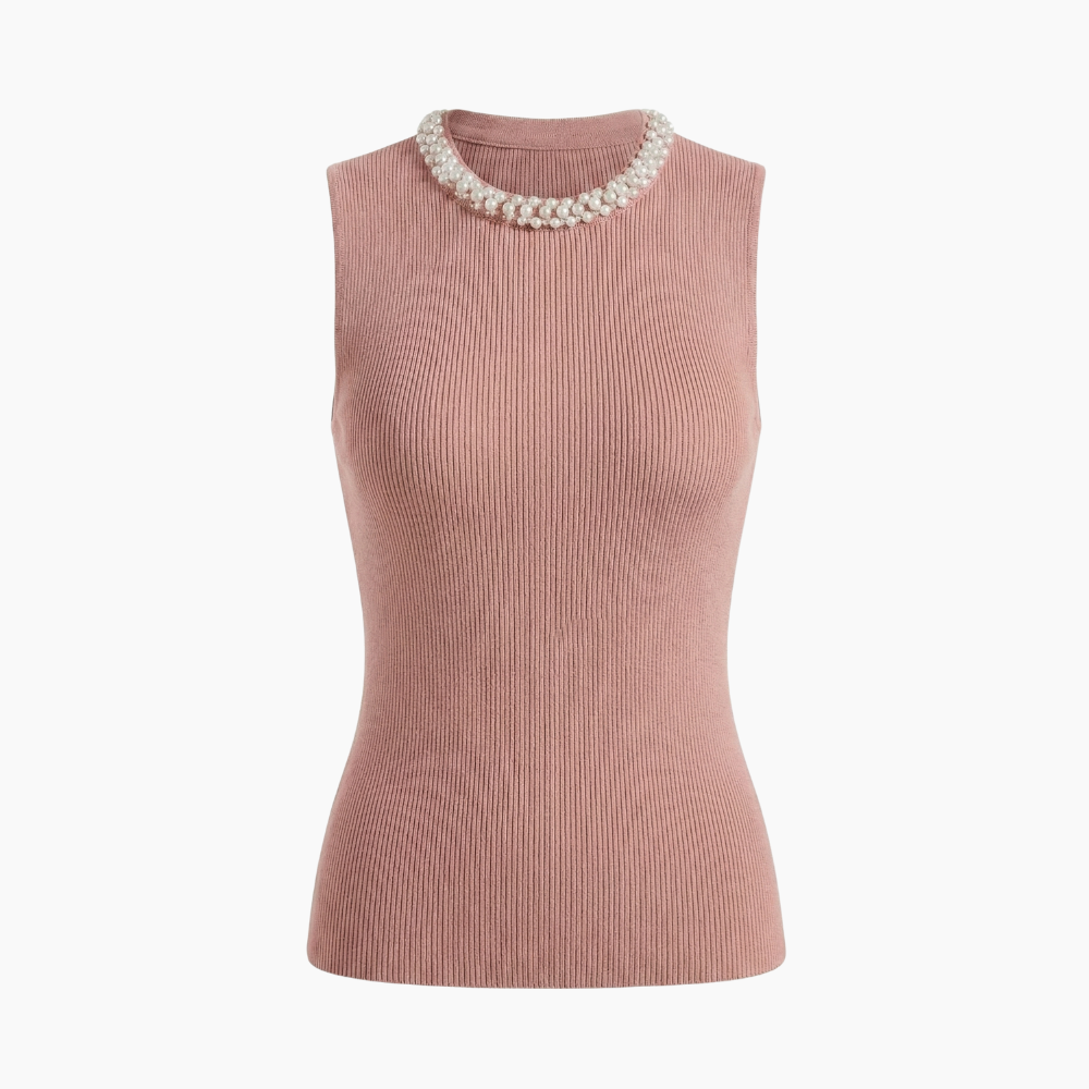 Damski Tank Top Bez Rękawów Z Dzianiny Ribowej Z Perłowymi Zdobieniami