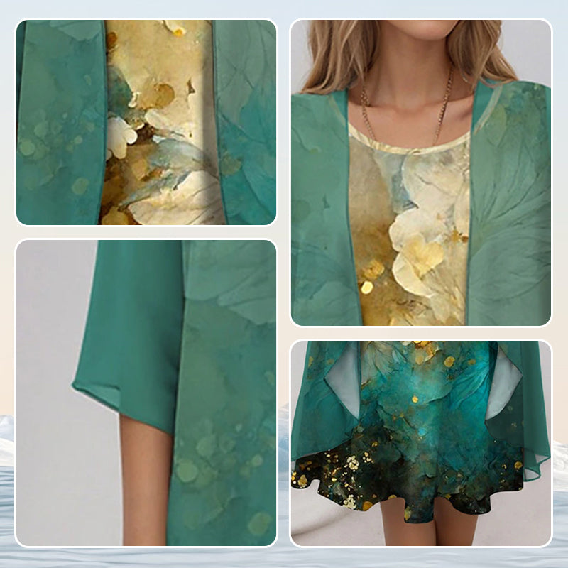 Damska Sukienka Midi z Warstwową Narzutką i Wzorem na Całej Powierzchni